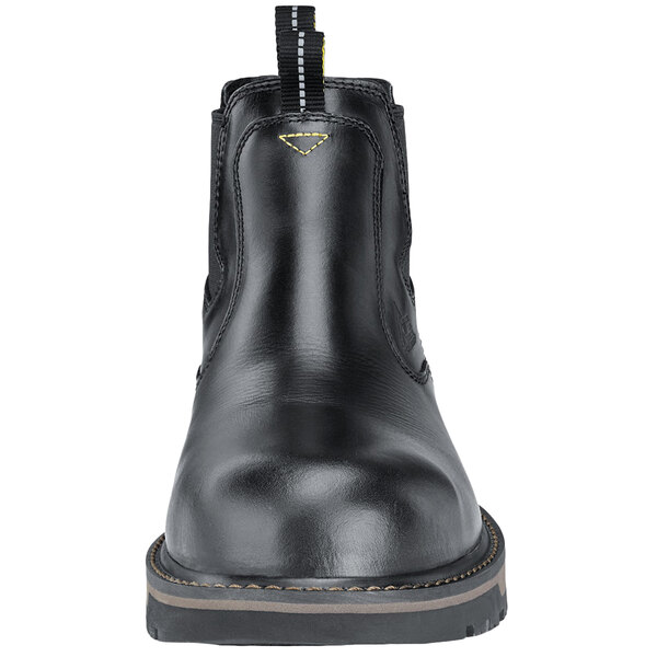 A close-up of a black ACE Firebrand work boot with a rubber sole.