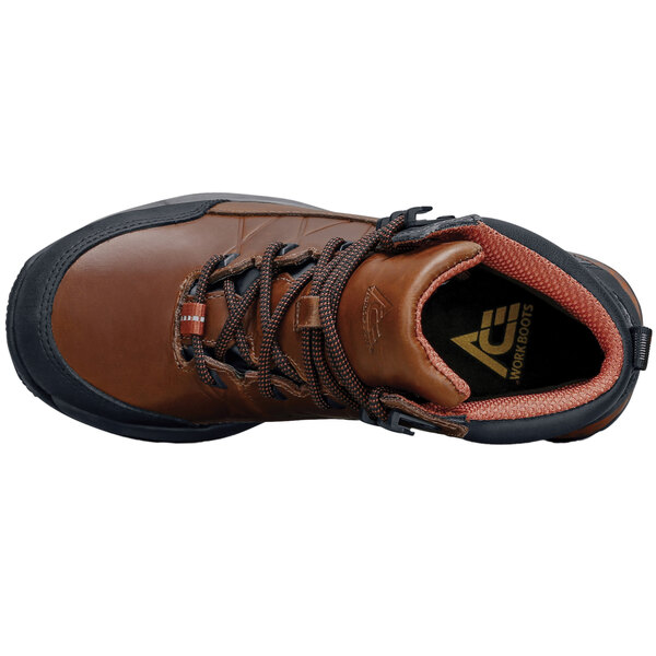 A brown and peach work boot with black accents and an aluminum toe.