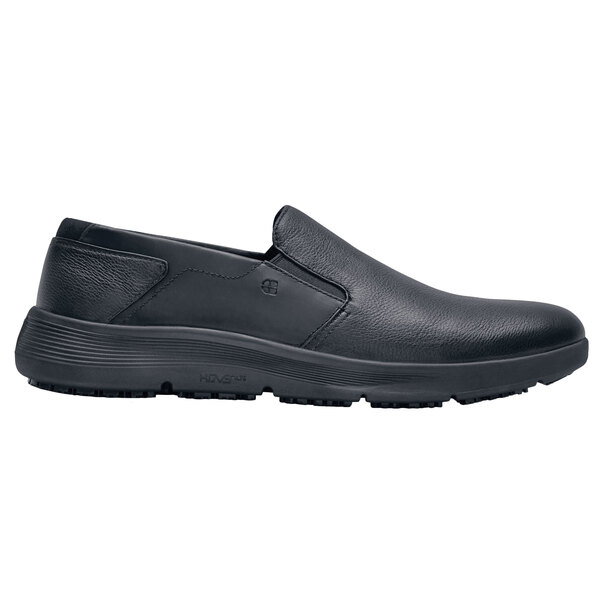 Shoes For Crews Arden men's black leather slip-on shoe on a white background.