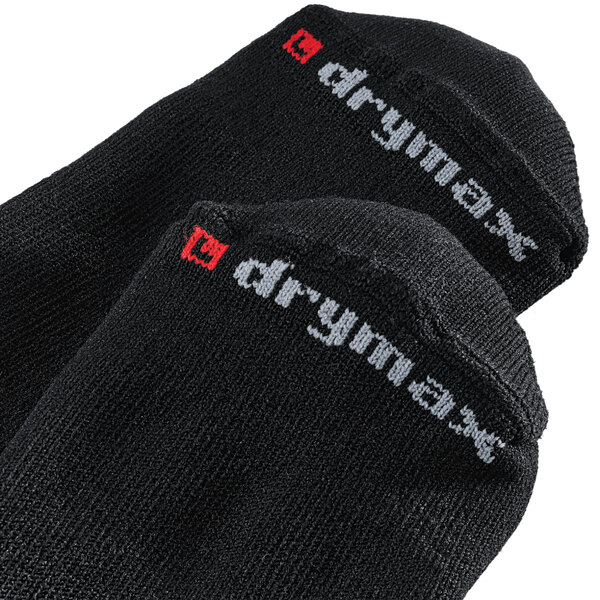 A pair of black Shoes For Crews crew socks with white text that reads "Drymax"