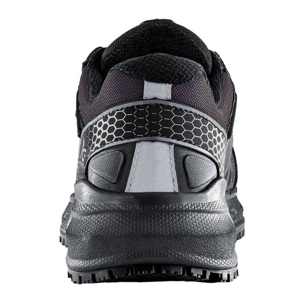 The back of a black and grey ACE Aster water-resistant athletic shoe with a black sole.