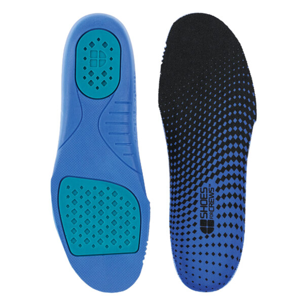 A close-up of a blue and black Shoes For Crews comfort insole.