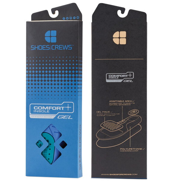 A blue and black box of Shoes For Crews comfort insoles with white text and a logo.