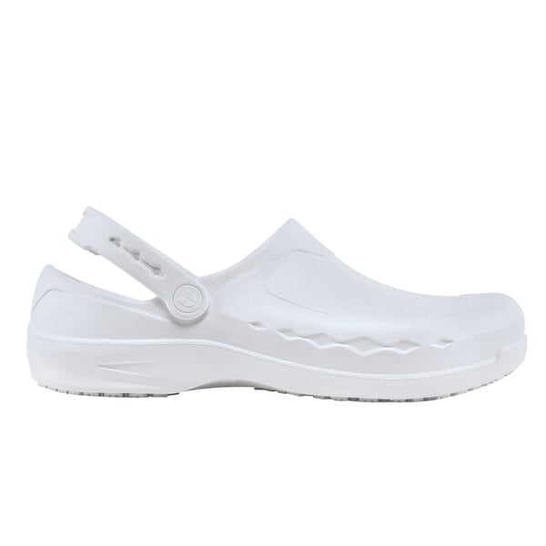 A white Shoes for Crews unisex casual shoe with a slip-resistant sole.