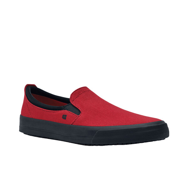 A red and black slip on shoe.