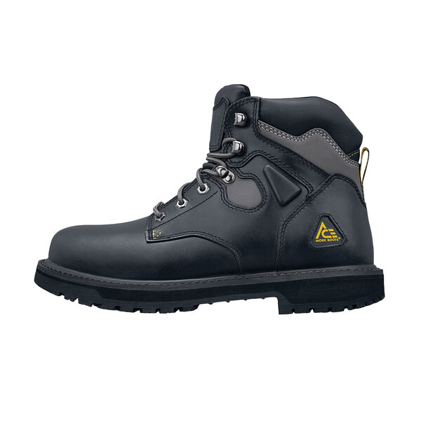 A black work boot with laces.