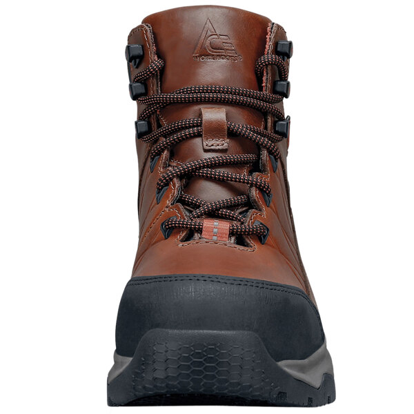 A brown Highline work boot with black laces.