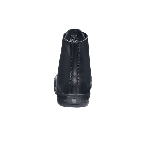 a close up of a black boot