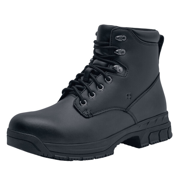 A black water-resistant work boot with laces.