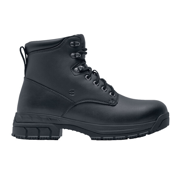 A black Shoes For Crews Rowan work boot with laces.