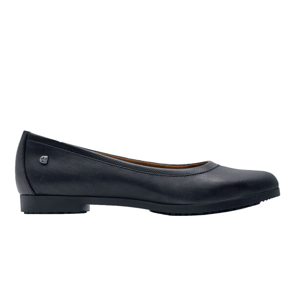 A black leather flat dress shoe with non-slip soles.