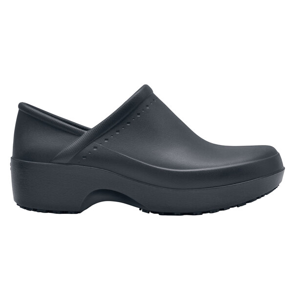 A black Women's Shoes For Crews clogger shoe with a rubber sole.
