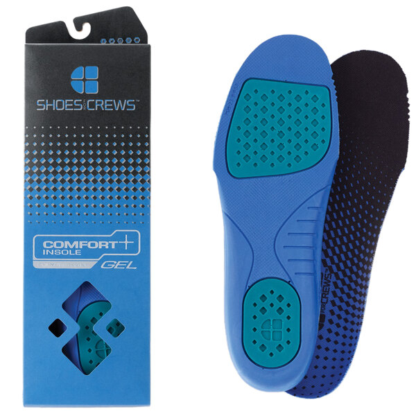 A blue and black box with black squares containing a pair of blue and black SpeedFlex comfort insoles.