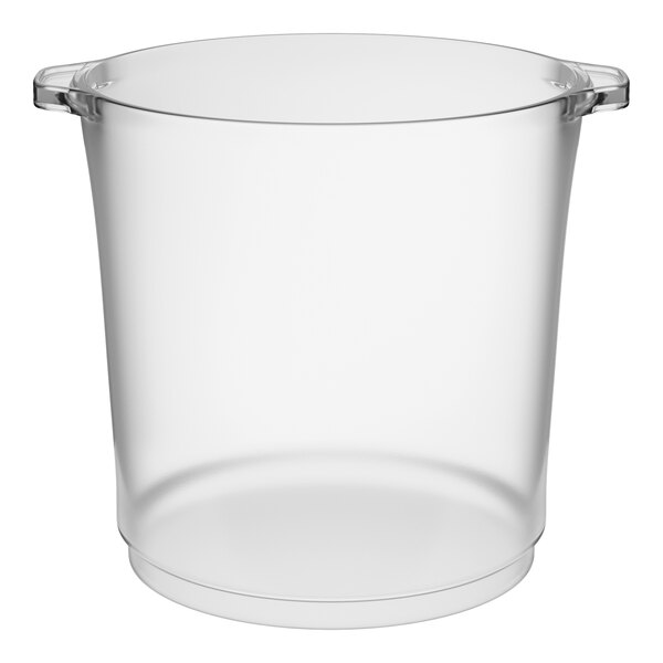 A clear, heavy-duty disposable plastic 4-quart wine or champagne chiller ice bucket with side handles.