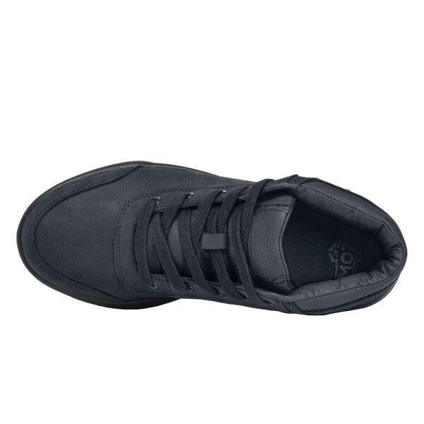A close-up of a black MOZO men's shoe with laces on the sole.