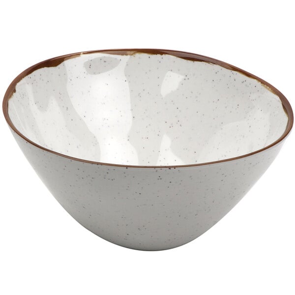 A white melamine bowl with a brown speckled rim.