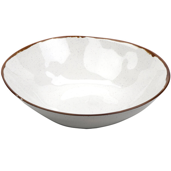 A white melamine bowl with a brown speckled rim.