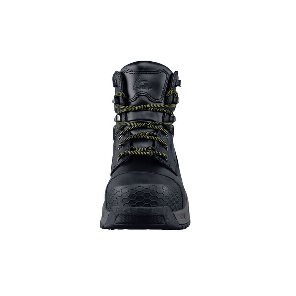 A black Redrock work boot with green laces.