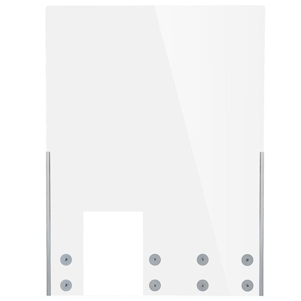 A clear rectangular acrylic safety shield with silver metal corners.