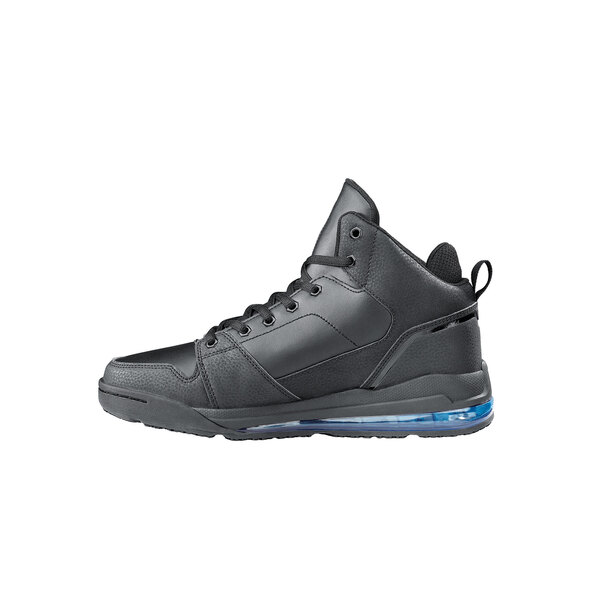 A black Shoes For Crews men's athletic shoe with blue laces and sole.