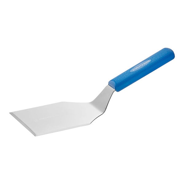 A Dexter-Russell Sani-Safe blue plastic hamburger turner with a beveled edge.
