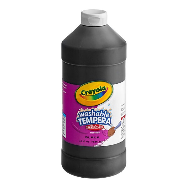 A black Crayola container of tempera paint with a purple label.