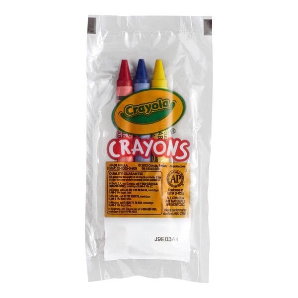 A small clear plastic package containing three Crayola crayons in red, blue, and yellow.