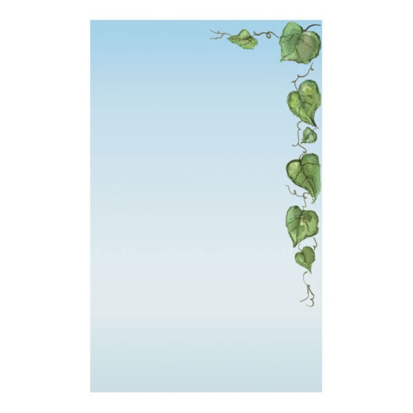 A sheet of paper with a light blue gradient background and a vertical border of green grapevine leaves along the right edge.