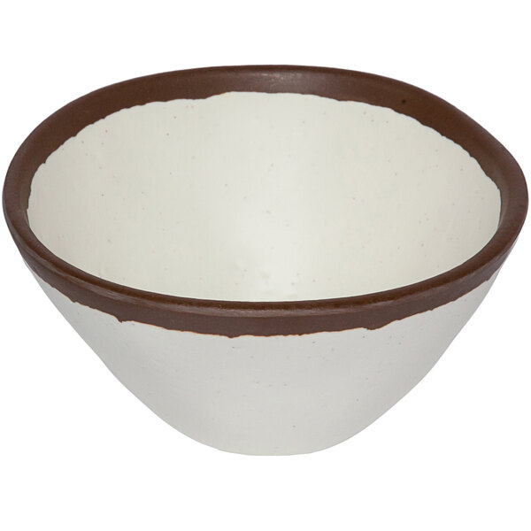 A white melamine bowl with brown trim.