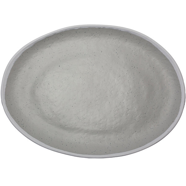 A grey melamine oval platter with a white border.