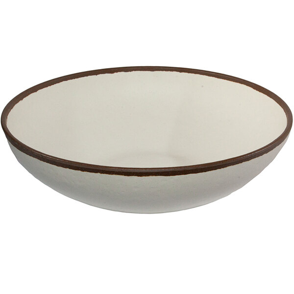 A white melamine bowl with brown trim.