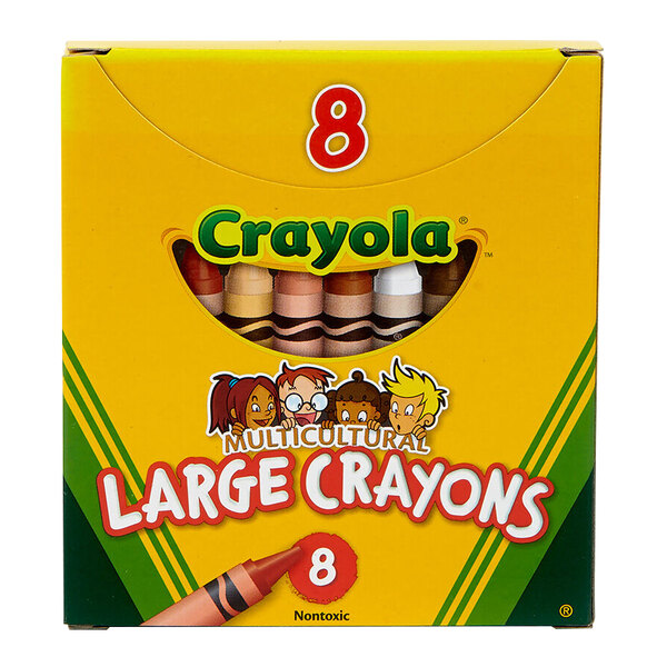 A white Crayola box with a cartoon of a boy holding large crayons.