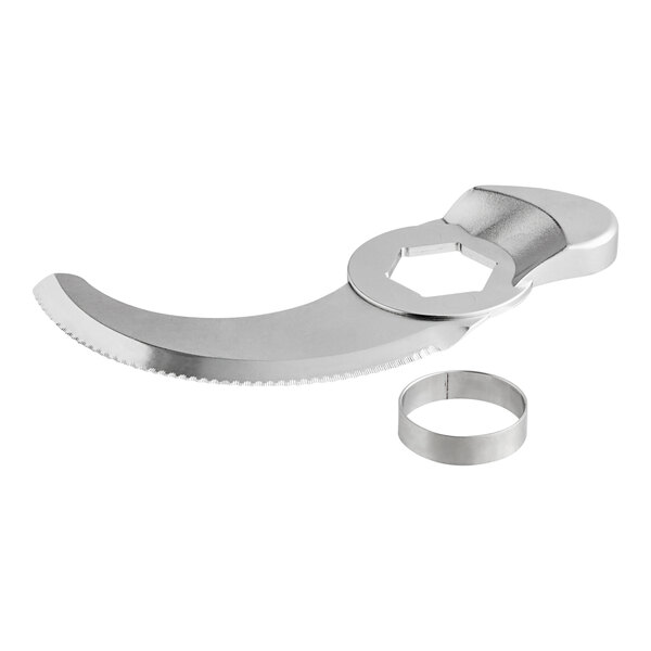 A Robot Coupe fine serrated edge blade with a ring and a nut.