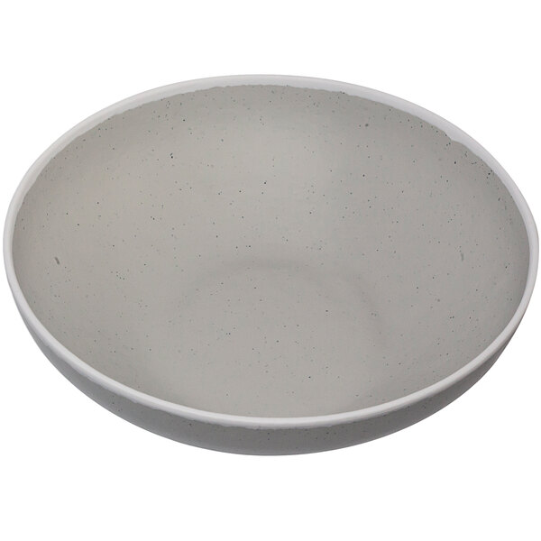 A white melamine bowl with a gray rim.