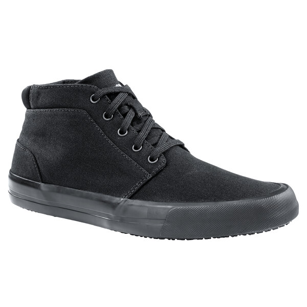 A black Shoes For Crews men's Cabbie II casual shoe with laces.