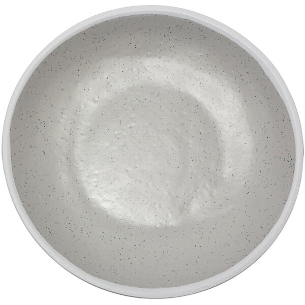 A glazed grey melamine plate with white trim.