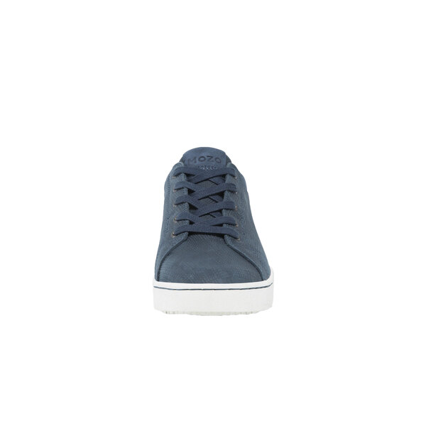 A close-up of a MOZO blue and taupe casual shoe with white laces.
