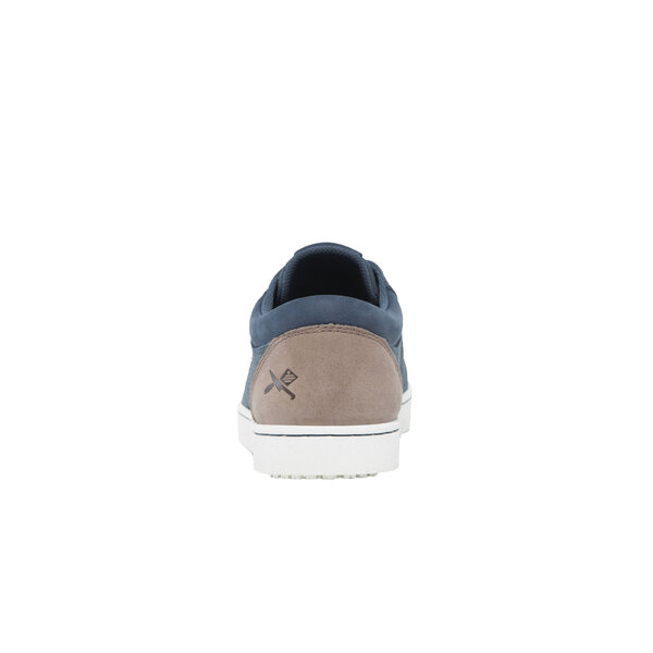 A pair of blue MOZO casual shoes with taupe accents and white soles.