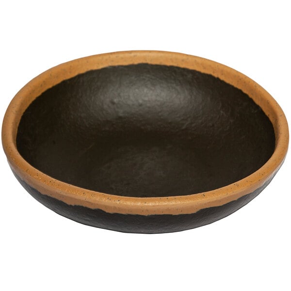 A brown melamine ramekin with a brown clay trim.