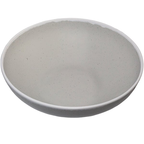 A glazed grey melamine bowl with a white rim.