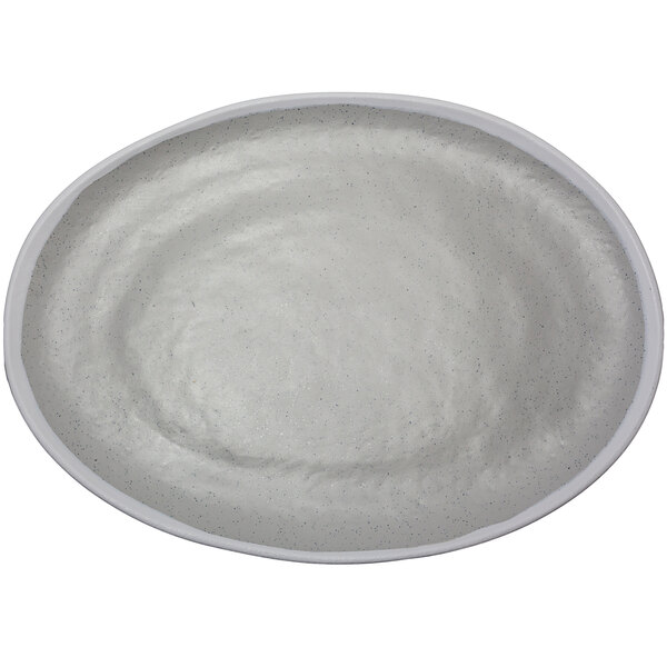 A grey melamine oval platter with a white trim.
