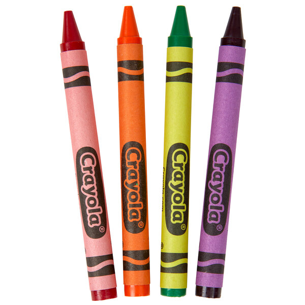 A yellow Crayola cello wrap with a black logo and the number 4. A group of Crayola crayon packs with different colored crayons.