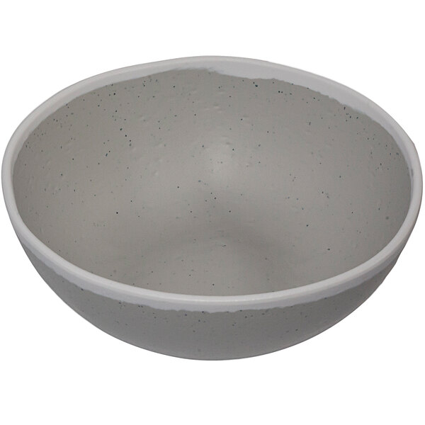 A grey melamine bowl with white speckled rim.