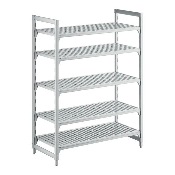 A white plastic Cambro shelving unit with 5 vented shelves.
