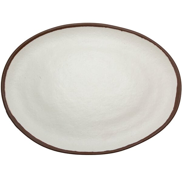 A white melamine oval platter with a brown rim.