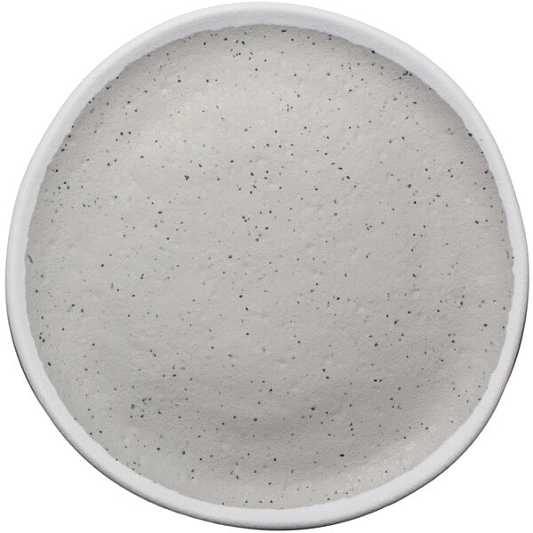 A grey melamine plate with white speckled trim.