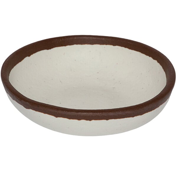 A white melamine ramekin with brown trim.