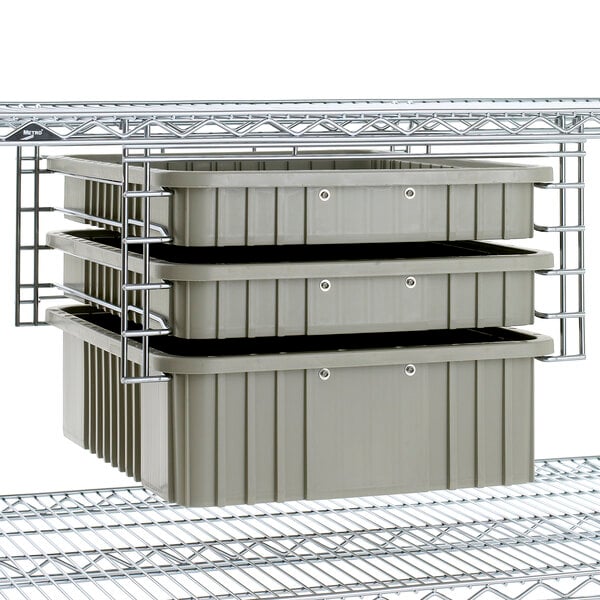 Grey plastic containers on a Metro Super Erecta metal shelf.