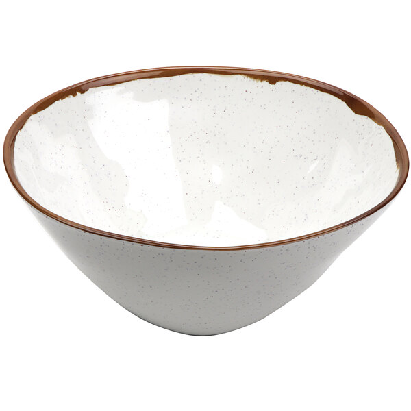 A white melamine bowl with a brown speckled rim.