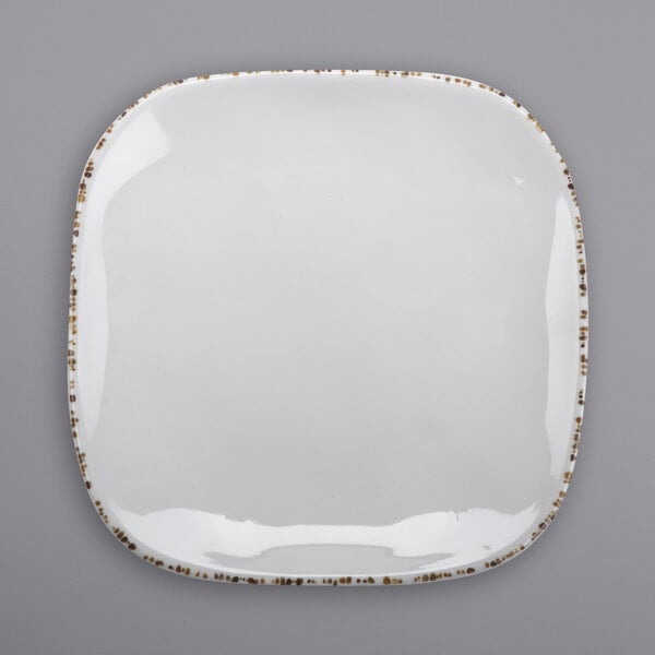 A white square plate with brown speckled border.